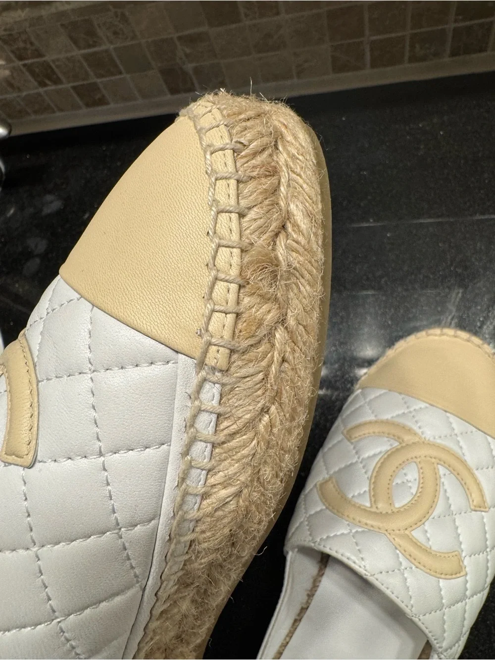 CHANEL White Quilted Espadrilles with Beige Cap Toe and CC Logo